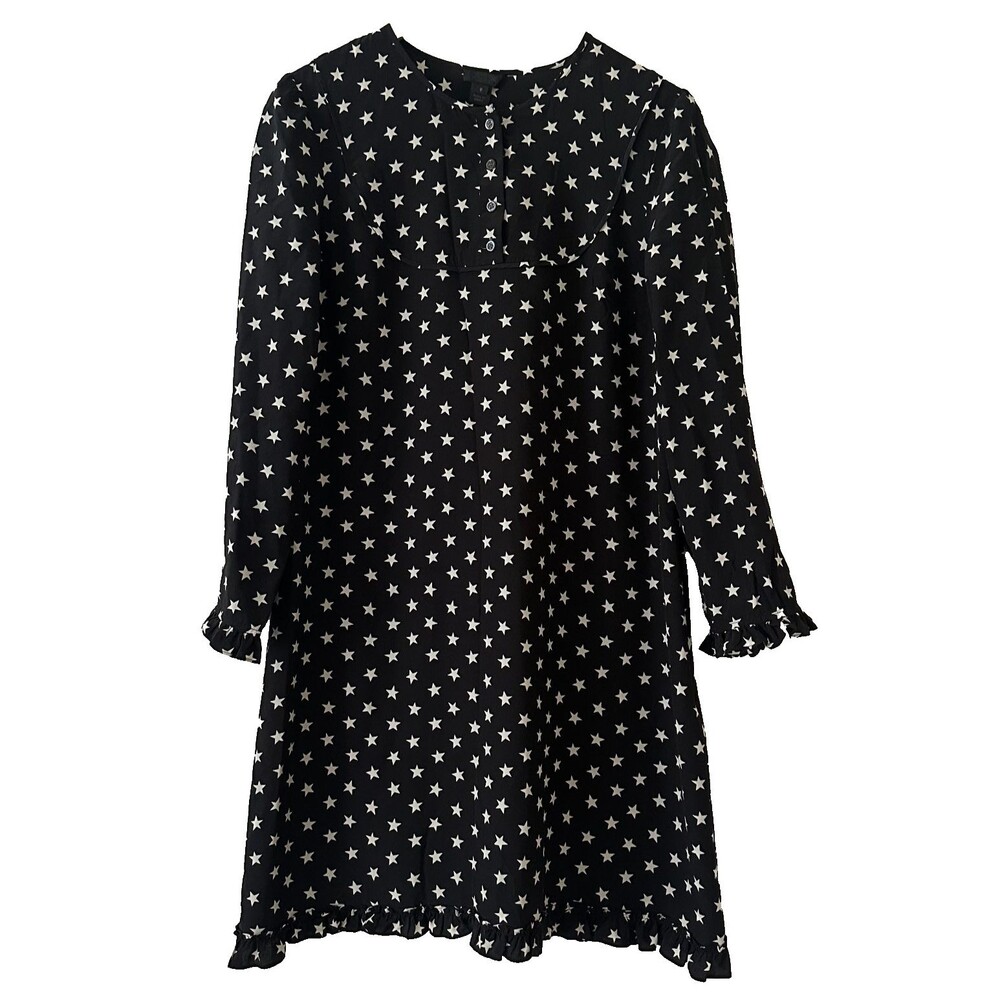 J.Crew Collection Silk Star Print Dress Black Ruffle Long Sleeve Shift Size 8